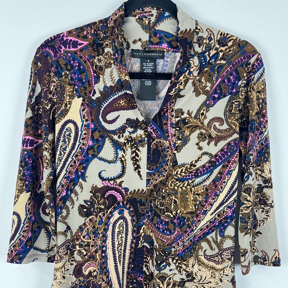 Grace Elements Top Blouse Size S Multicolor 3/4 Sleeve Paisley Polyester Spandex - Picture 1 of 9